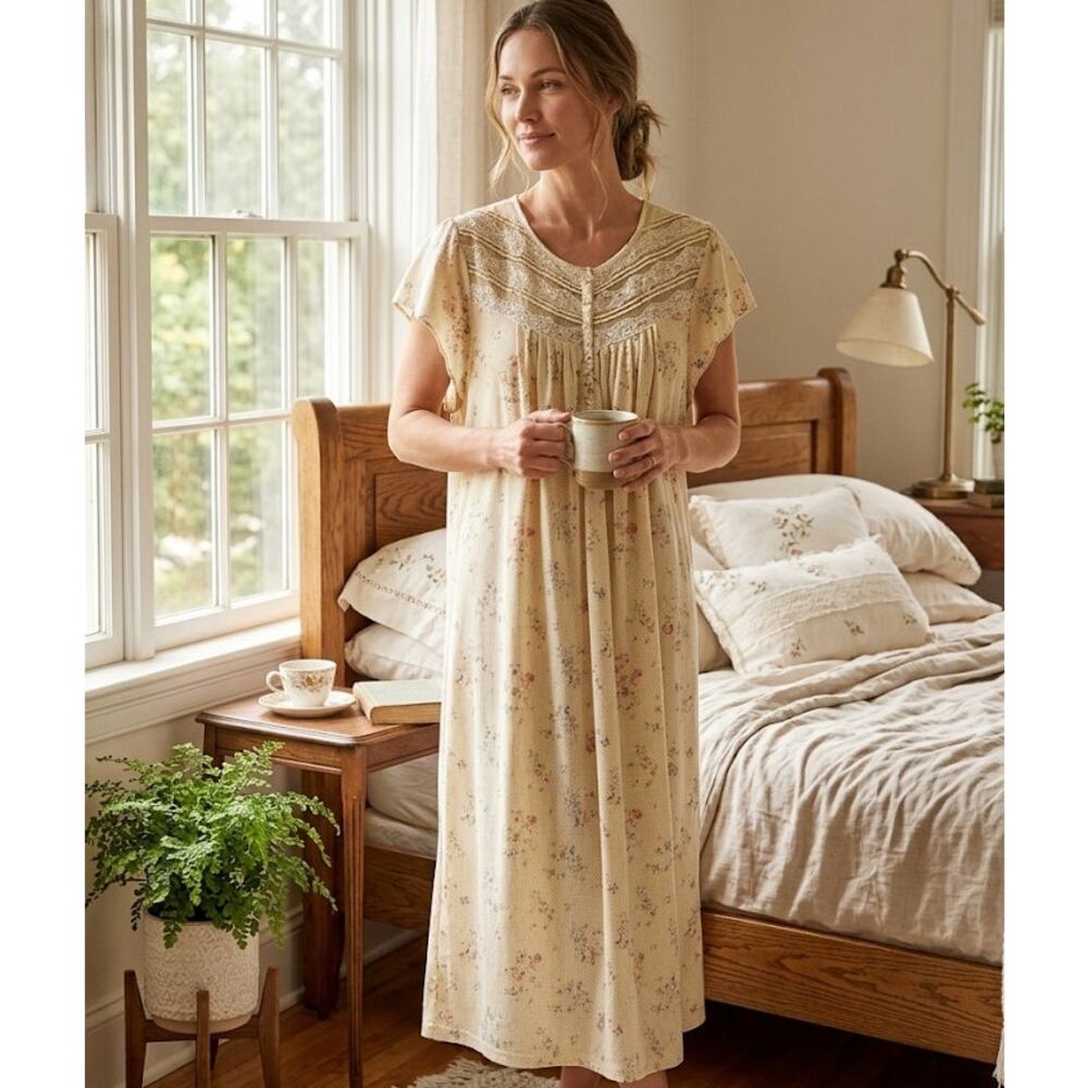 Earth Angels Classic Romantic Nightgown Beige Pink Floral Cotton Plus Size 2XL